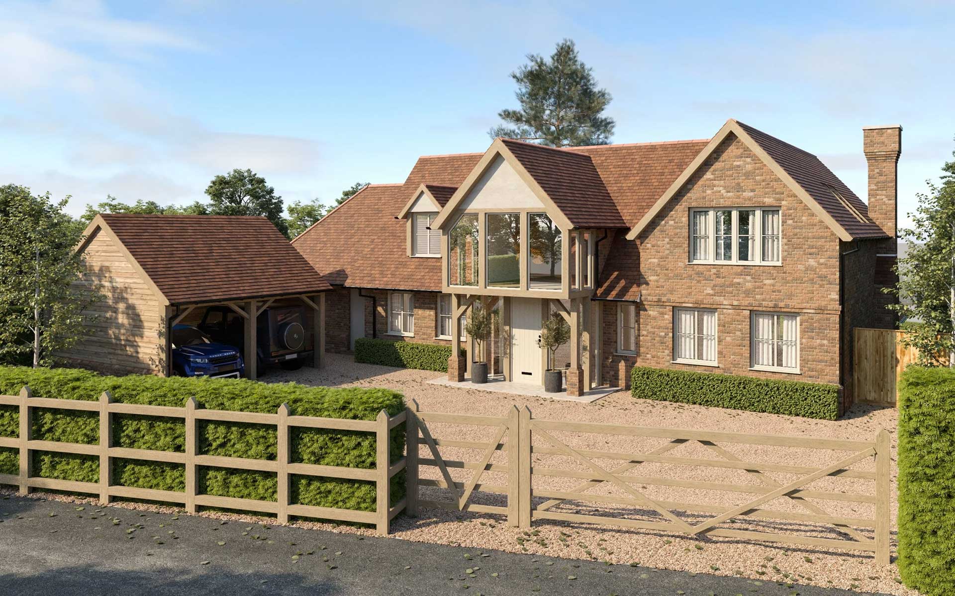 New brick and tile house with an oak framed porch and open cart lodge garage behind a post and rail fence